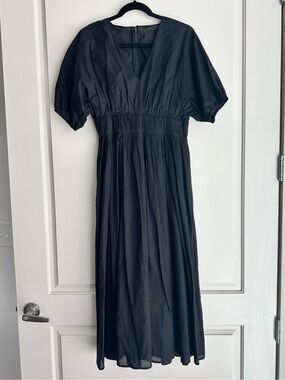 NWT Banana Republic Black Cotton Midi Dress Puff Sleeve XS